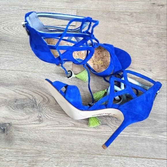 SAM EDELMAN BLUE COLOR SUEDE HEELS. SUEDE LACE UP WITH ZIPPERED BACK SIZE 9.