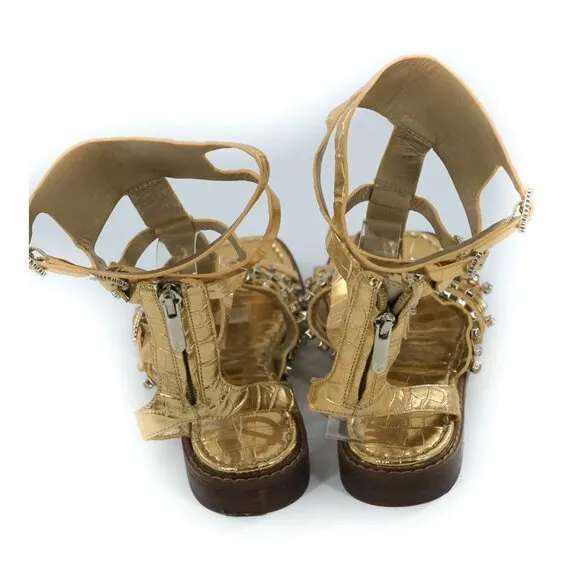 SAM EDELMAN Gold Leather Gladiator Sandals With Rhinestones