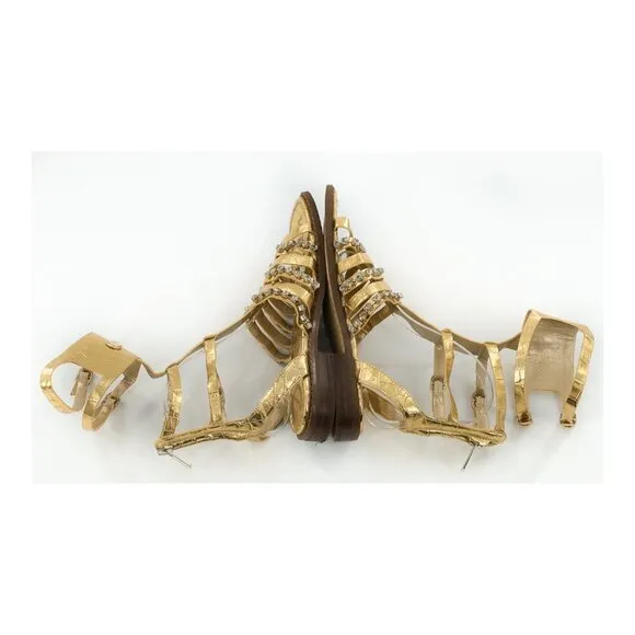 SAM EDELMAN Gold Leather Gladiator Sandals With Rhinestones