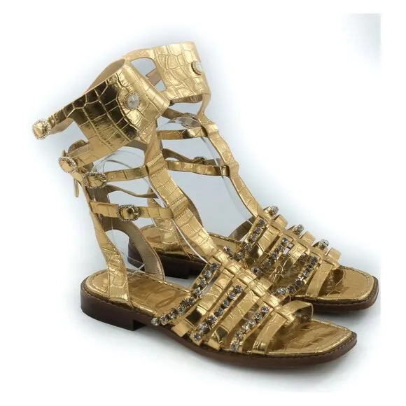 SAM EDELMAN Gold Leather Gladiator Sandals With Rhinestones