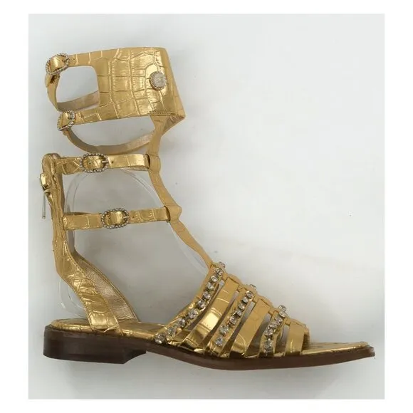 SAM EDELMAN Gold Leather Gladiator Sandals With Rhinestones