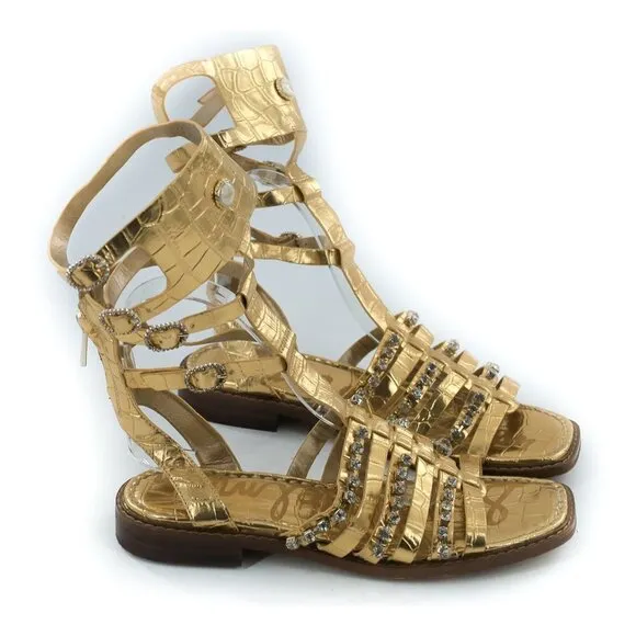 SAM EDELMAN Gold Leather Gladiator Sandals With Rhinestones