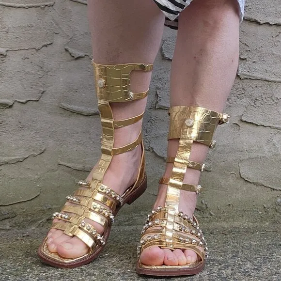 SAM EDELMAN Gold Leather Gladiator Sandals With Rhinestones
