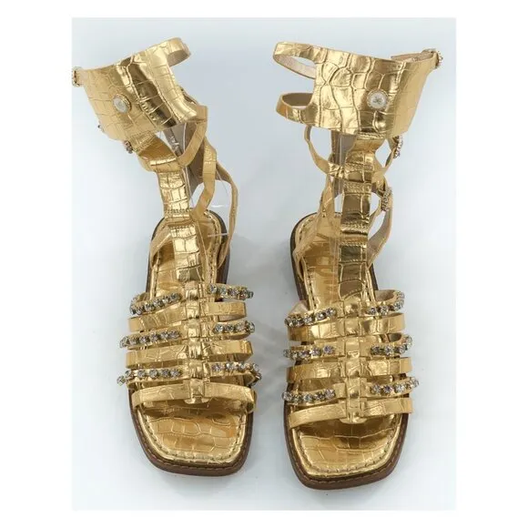 SAM EDELMAN Gold Leather Gladiator Sandals With Rhinestones