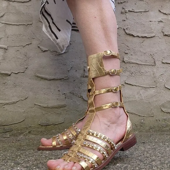 SAM EDELMAN Gold Leather Gladiator Sandals With Rhinestones