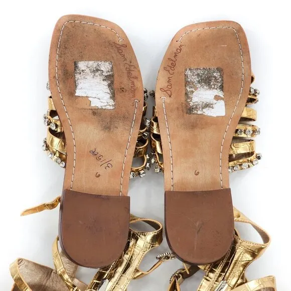 SAM EDELMAN Gold Leather Gladiator Sandals With Rhinestones