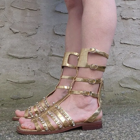 SAM EDELMAN Gold Leather Gladiator Sandals With Rhinestones