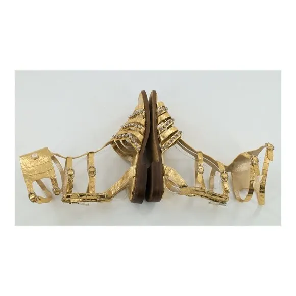 SAM EDELMAN Gold Leather Gladiator Sandals With Rhinestones