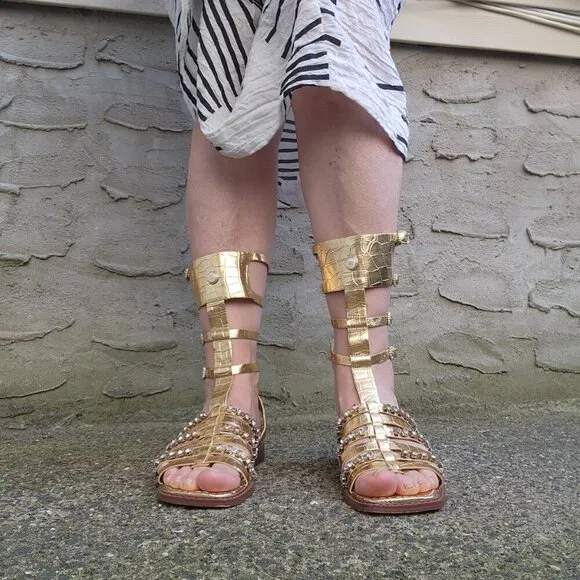 SAM EDELMAN Gold Leather Gladiator Sandals With Rhinestones