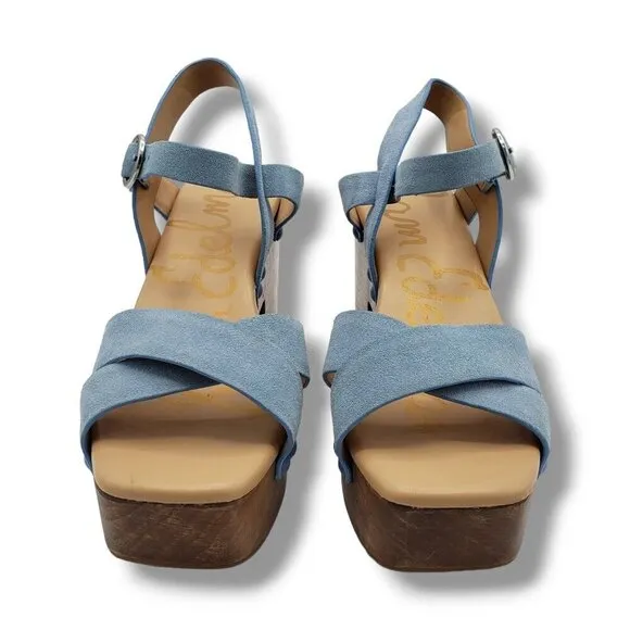 Sam Edelman Josefine Platform Wedge Sandals Womens 9.5 Blue Suede Slingback