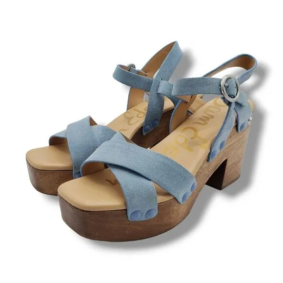 Sam Edelman Josefine Platform Wedge Sandals Womens 9.5 Blue Suede Slingback