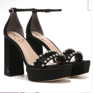 ✅Sam Edelman Ninette Crystal Accented Black Satin High Heel Platform