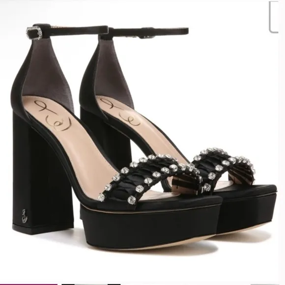 ✅Sam Edelman Ninette Crystal Accented Black Satin High Heel Platform