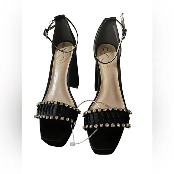 ✅Sam Edelman Ninette Crystal Accented Black Satin High Heel Platform