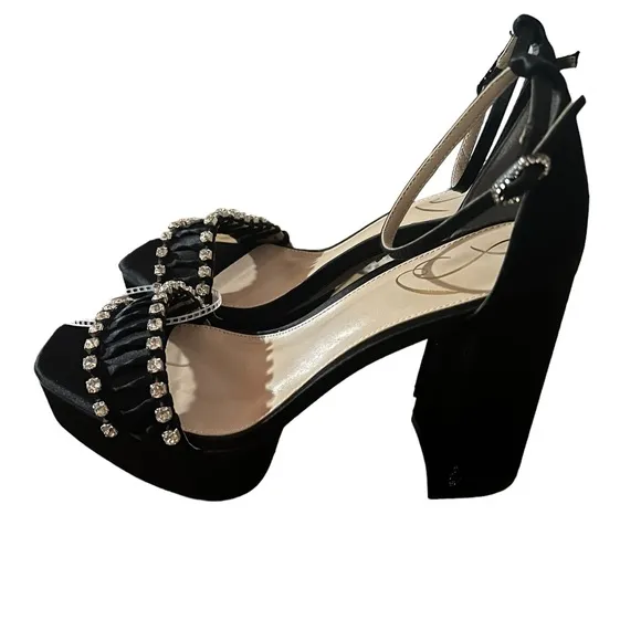✅Sam Edelman Ninette Crystal Accented Black Satin High Heel Platform