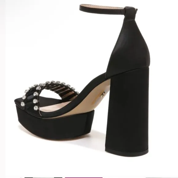✅Sam Edelman Ninette Crystal Accented Black Satin High Heel Platform