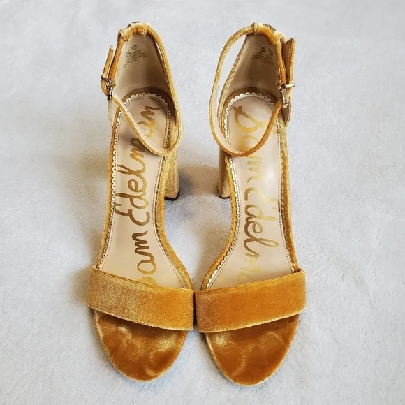 Sam Edelman Revolve Yaro Mustard Yellow Velvet Block Heel Sandals