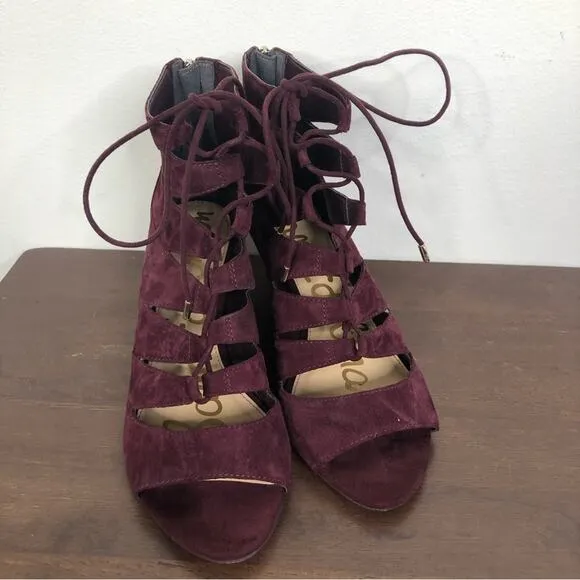 Sam Edelman Santina Wine Suede Lace Up Gladiator Wedge Sandals Size 8.5M