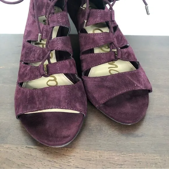 Sam Edelman Santina Wine Suede Lace Up Gladiator Wedge Sandals Size 8.5M