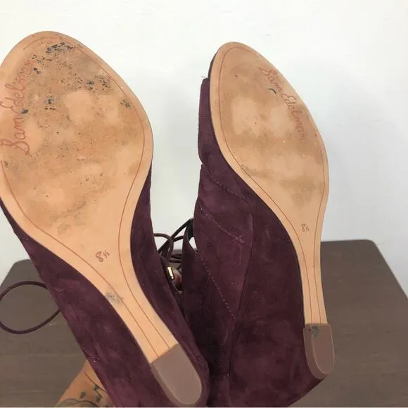 Sam Edelman Santina Wine Suede Lace Up Gladiator Wedge Sandals Size 8.5M