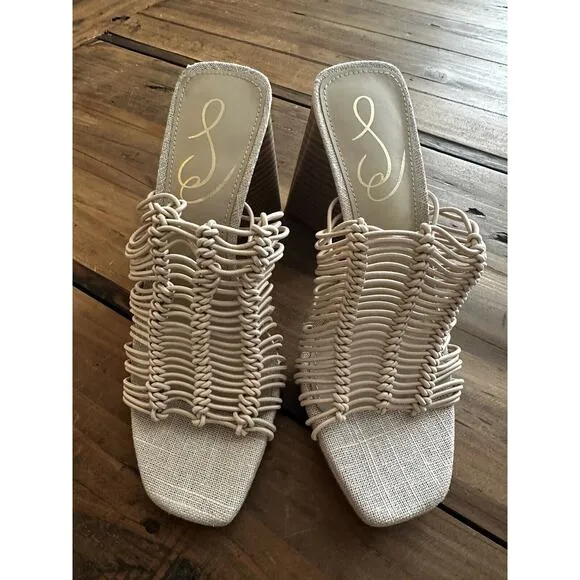 Sam Edelman Women's Size 5 Laurette Woven Block Heel Mule Sandal Tan Almond