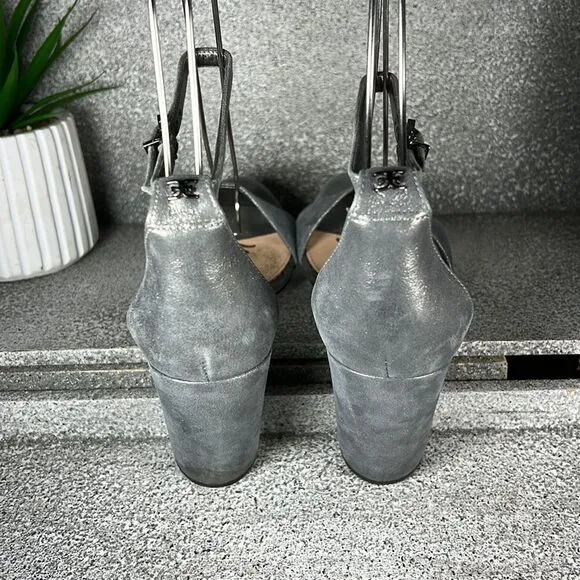 SAM EDELMAN | Yaro Ankle Strap Block Heel Sandals Metallic Pewter Size 9