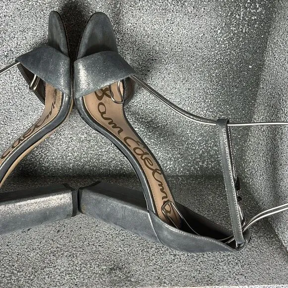 SAM EDELMAN | Yaro Ankle Strap Block Heel Sandals Metallic Pewter Size 9