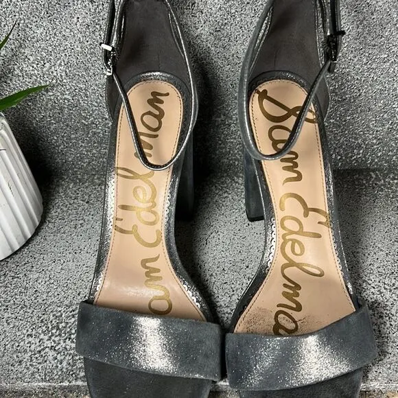 SAM EDELMAN | Yaro Ankle Strap Block Heel Sandals Metallic Pewter Size 9