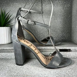 SAM EDELMAN | Yaro Ankle Strap Block Heel Sandals Metallic Pewter Size 9