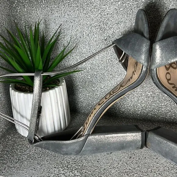 SAM EDELMAN | Yaro Ankle Strap Block Heel Sandals Metallic Pewter Size 9