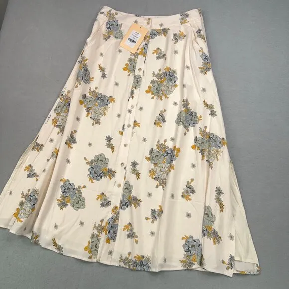 Sancia Skirt Women Large Cream Yellow Blue Floral Freja Coastal Flowy Vintage 70