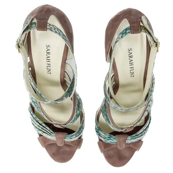 Sarah Flint Aqua Mauve &amp; Gold Suede &amp; Snakeskin Print Vilma Sandals size 37