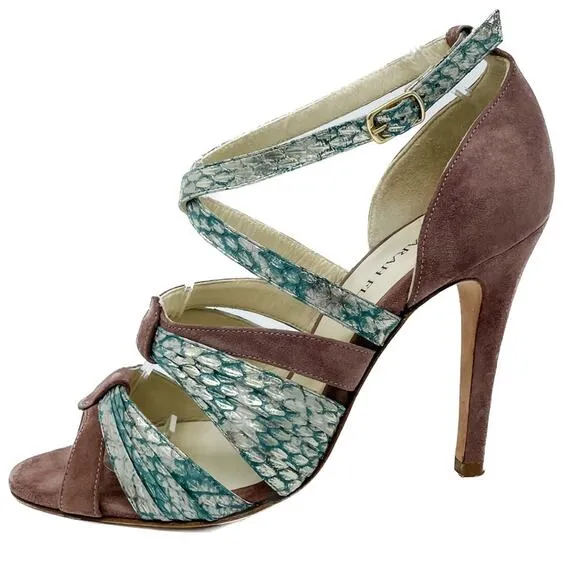 Sarah Flint Aqua Mauve &amp; Gold Suede &amp; Snakeskin Print Vilma Sandals size 37