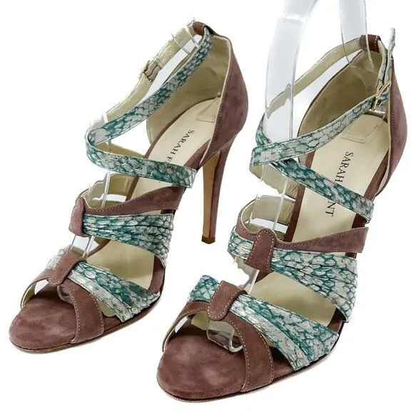 Sarah Flint Aqua Mauve &amp; Gold Suede &amp; Snakeskin Print Vilma Sandals size 37