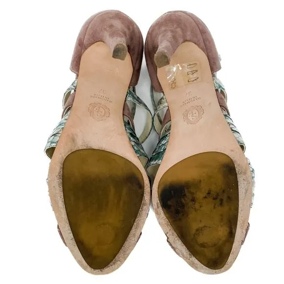 Sarah Flint Aqua Mauve &amp; Gold Suede &amp; Snakeskin Print Vilma Sandals size 37