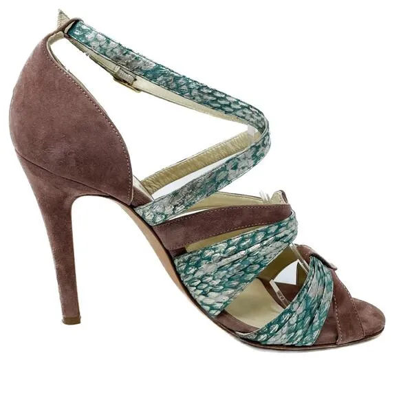 Sarah Flint Aqua Mauve &amp; Gold Suede &amp; Snakeskin Print Vilma Sandals size 37