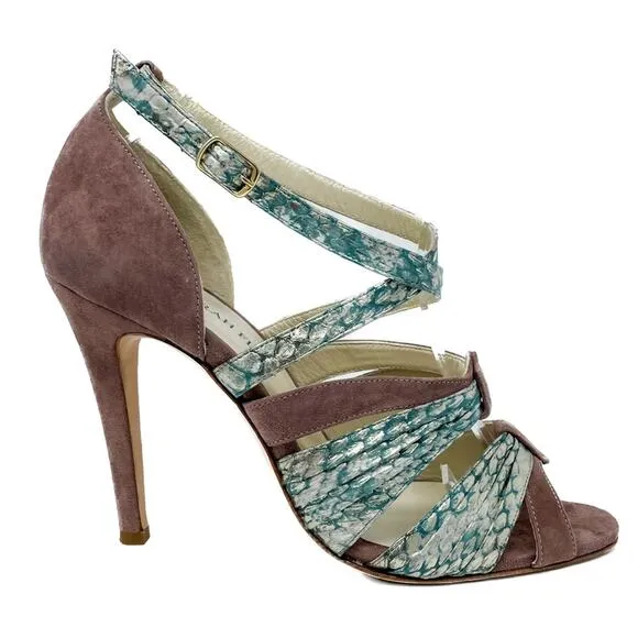 Sarah Flint Aqua Mauve &amp; Gold Suede &amp; Snakeskin Print Vilma Sandals size 37