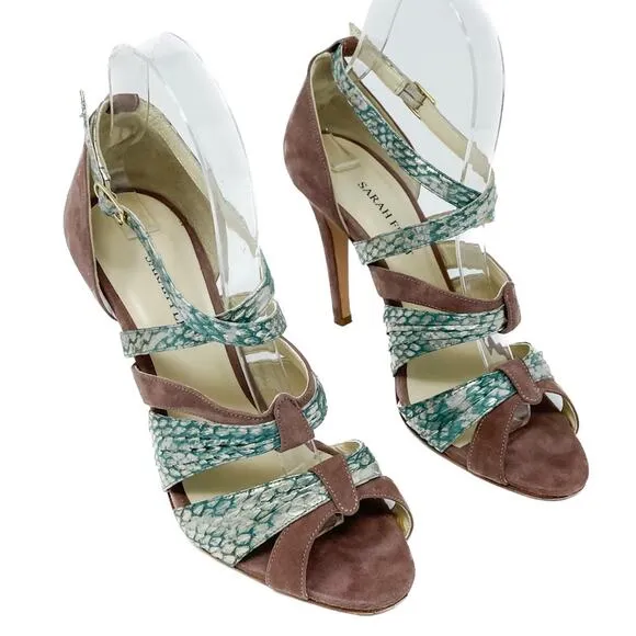 Sarah Flint Aqua Mauve &amp; Gold Suede &amp; Snakeskin Print Vilma Sandals size 37