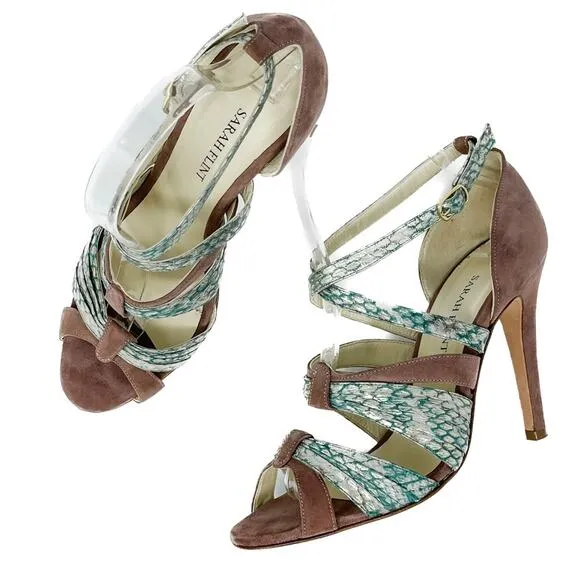Sarah Flint Aqua Mauve &amp; Gold Suede &amp; Snakeskin Print Vilma Sandals size 37