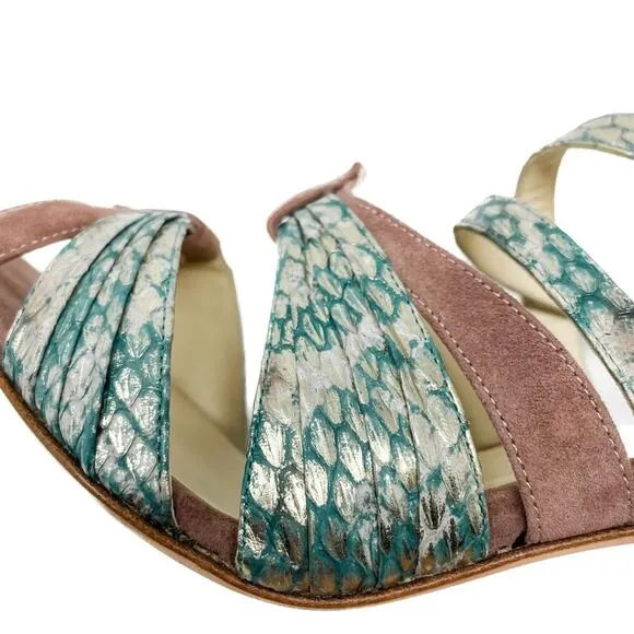 Sarah Flint Aqua Mauve &amp; Gold Suede &amp; Snakeskin Print Vilma Sandals size 37