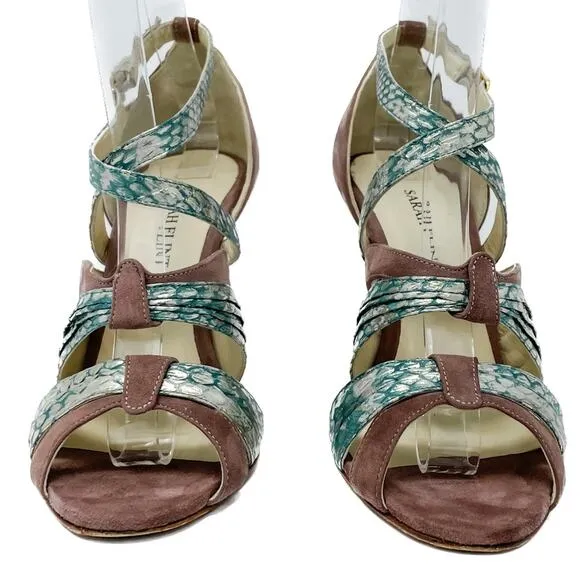 Sarah Flint Aqua Mauve &amp; Gold Suede &amp; Snakeskin Print Vilma Sandals size 37