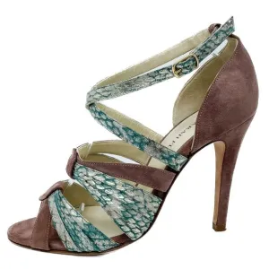 Sarah Flint Aqua Mauve &amp; Gold Suede &amp; Snakeskin Print Vilma Sandals size 37