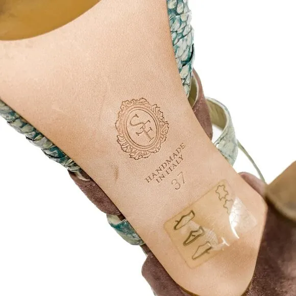 Sarah Flint Aqua Mauve &amp; Gold Suede &amp; Snakeskin Print Vilma Sandals size 37