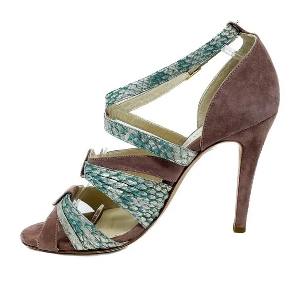 Sarah Flint Aqua Mauve &amp; Gold Suede &amp; Snakeskin Print Vilma Sandals size 37