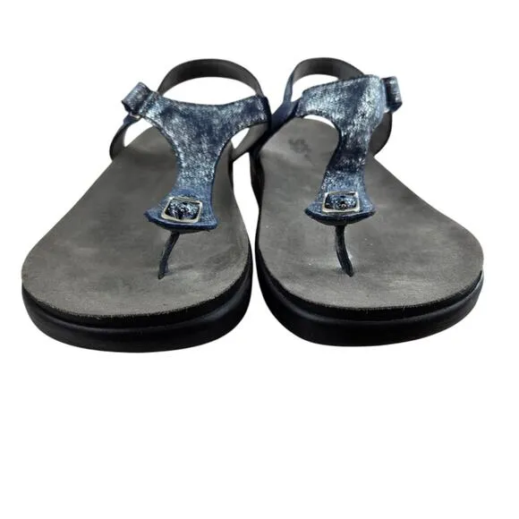 SAS Marina Sandals Womens 9 1/2 T-Strap Thong Blue Silver Shimmer Comfort USA