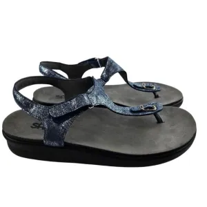 SAS Marina Sandals Womens 9 1/2 T-Strap Thong Blue Silver Shimmer Comfort USA