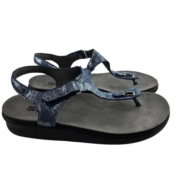 SAS Marina Sandals Womens 9 1/2 T-Strap Thong Blue Silver Shimmer Comfort USA