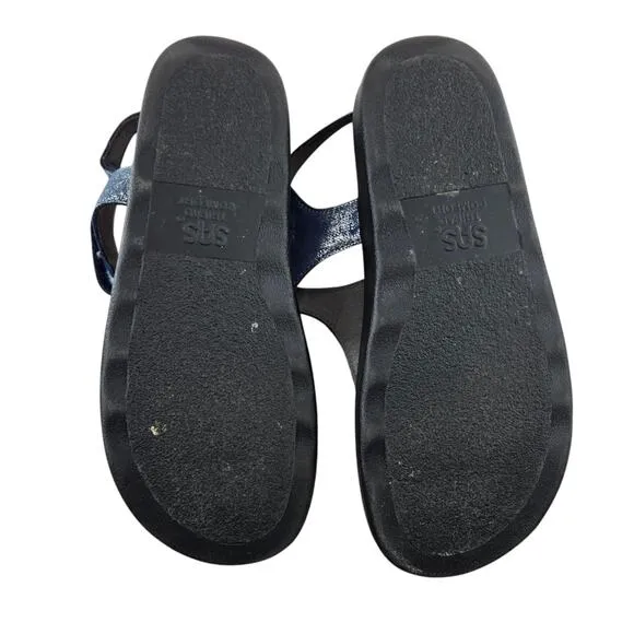 SAS Marina Sandals Womens 9 1/2 T-Strap Thong Blue Silver Shimmer Comfort USA