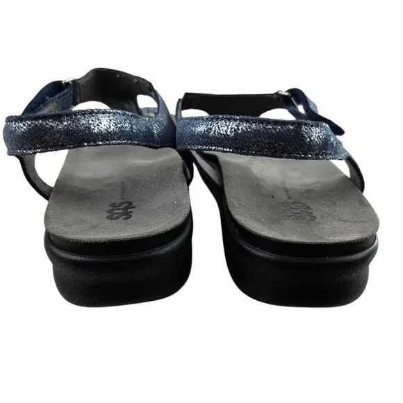 SAS Marina Sandals Womens 9 1/2 T-Strap Thong Blue Silver Shimmer Comfort USA