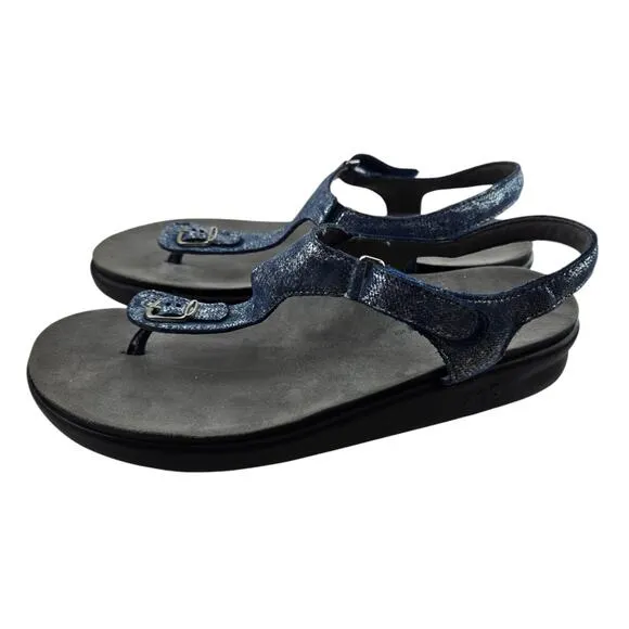 SAS Marina Sandals Womens 9 1/2 T-Strap Thong Blue Silver Shimmer Comfort USA